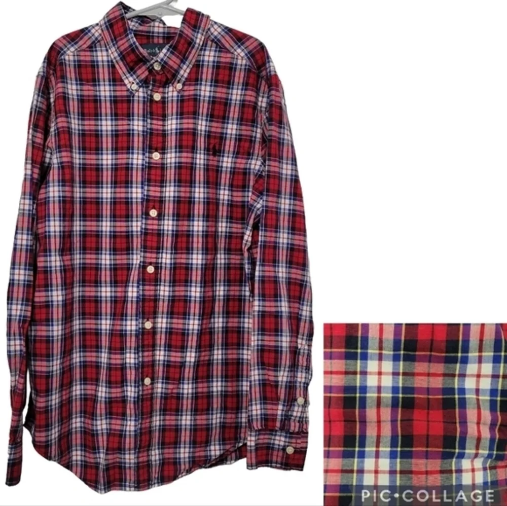 Ralph Lauren Boys Red Blue Plaid Button Down Shirt‎ Size L (14-16) Church Dressy